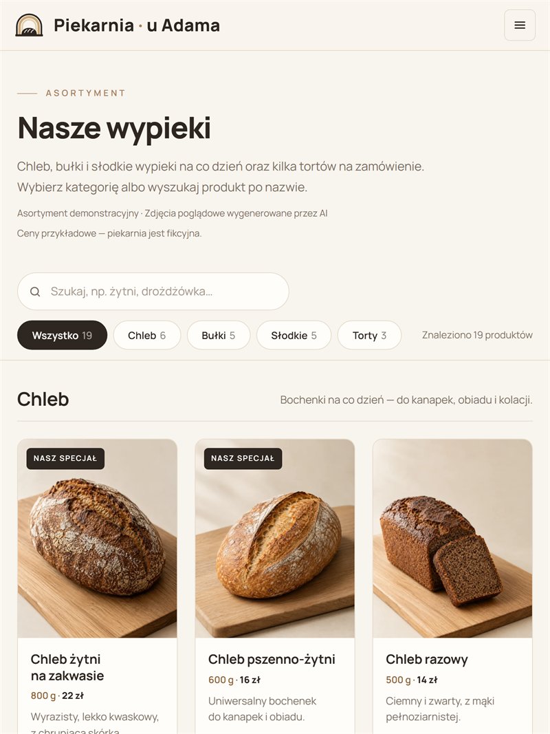 Nagłówek „Nasze wypieki”, pole „Szukaj, np. żytni, drożdżówka…”, przyciski kategorii z liczbą produktów (Wszystko 19, Chleb 6, Bułki 5, Słodkie 5, Torty 3) i pierwsze karty chlebów ze zdjęciem, wagą i ceną, m.in. chleb żytni na zakwasie, 800 g, 22 zł.