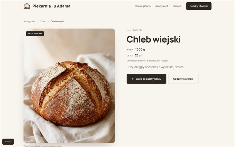 Ścieżka „Asortyment › Chleb › Chleb wiejski”, duże zdjęcie okrągłego bochenka na lnianej ściereczce z etykietą „Nasz specjał”, waga 1000 g, cena 25 zł, krótki opis oraz przyciski „Wróć do asortymentu” i „Godziny otwarcia”.