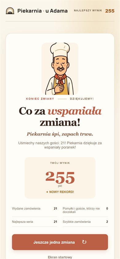 Piekarz Adam z ręką na sercu, napis „Co za wspaniała zmiana!”, wynik 255 punktów z dopiskiem „Nowy rekord!”, statystyki (21 wydanych zamówień, 0 pomyłek, najlepsza seria 21) i przycisk „Jeszcze jedna zmiana”.