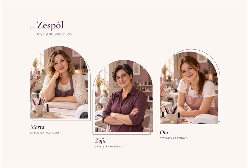 Trzy portrety w łukowatych ramkach z imionami Marta, Zofia i Ola; dwie kobiety siedzą przy stanowiskach do manicure, trzecia stoi z założonymi rękami na tle półek z lakierami.