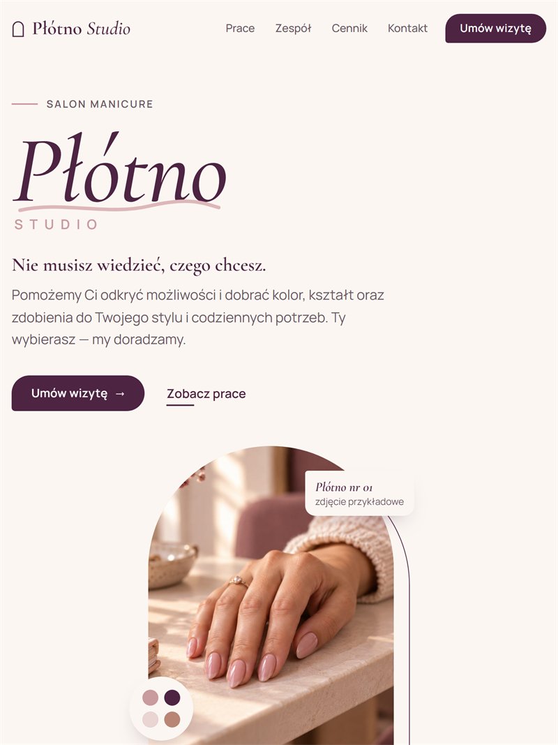 Pionowy układ strony: menu w jednym rzędzie, duże logo, hasło i opis na całą szerokość, przyciski „Umów wizytę” i „Zobacz prace”, a pod nimi zdjęcie dłoni w łukowatej ramce.