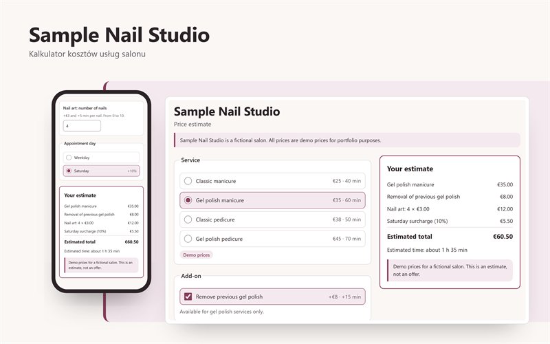 Nagłówek „Sample Nail Studio” z podtytułem „Kalkulator kosztów usług salonu”. Na szerokim ekranie formularz w języku angielskim z czterema zabiegami — wybrany manicure hybrydowy za 35 € — zaznaczonym usunięciem poprzedniego lakieru i podsumowaniem: łącznie 60,50 €, około 1 h 35 min; obok wąski ekran z wyborem soboty i tym samym podsumowaniem.
