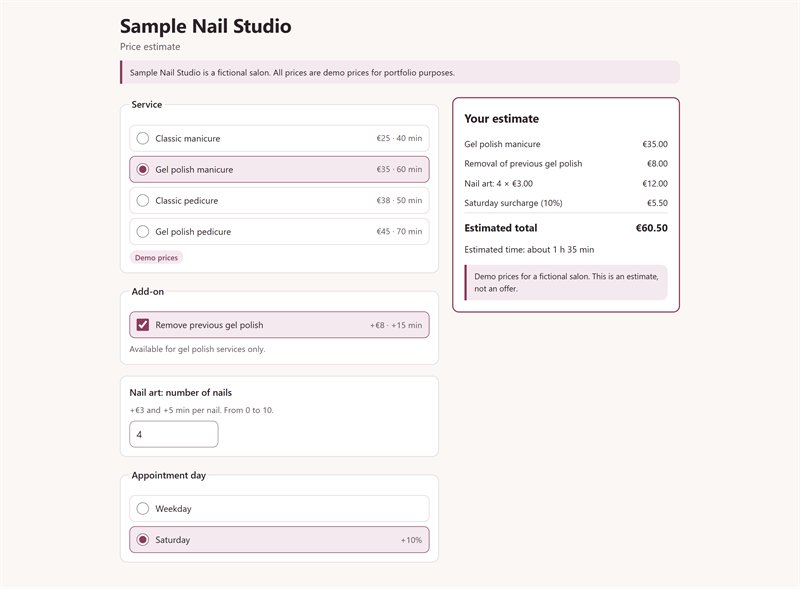 Formularz w języku angielskim: wybrany manicure hybrydowy, zaznaczone usunięcie poprzedniego lakieru, zdobienie 4 paznokci i sobota; po prawej pozycje 35,00 €, 8,00 €, 12,00 € i dopłata 5,50 €, suma 60,50 €, czas około 1 h 35 min oraz informacja o cenach demonstracyjnych.